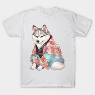 Watercolor Siberian Husky Dog in Kimono T-Shirt